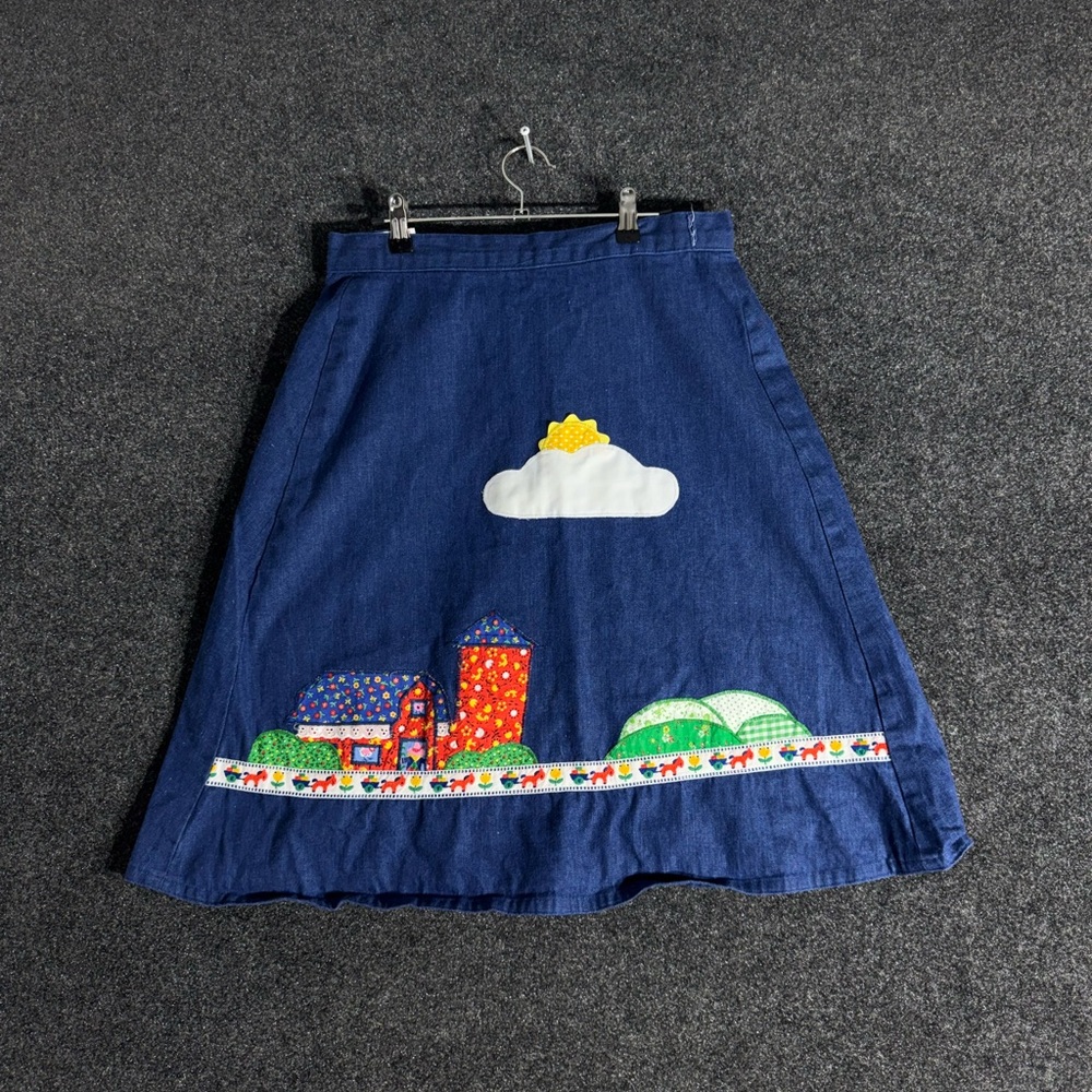 Annalee + Hope Denim Appliqué Farm Scene Skirt 70s Women’s S